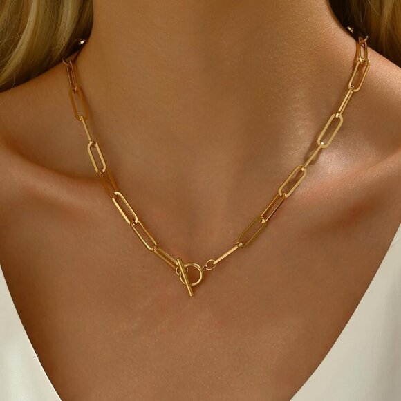Chunky Toggle Necklace for Women 18K Gold Plated Vintage Paperclip Figaro Link C - Picture 3 of 7